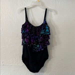 Longitude Black One-Piece Swimsuit with Purple and Teal Ruffle Front